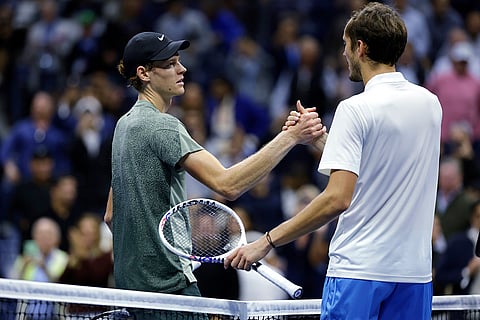US Open tennis 2024: Jannik Sinner left, shakes hands after defeating Daniil Medvedev